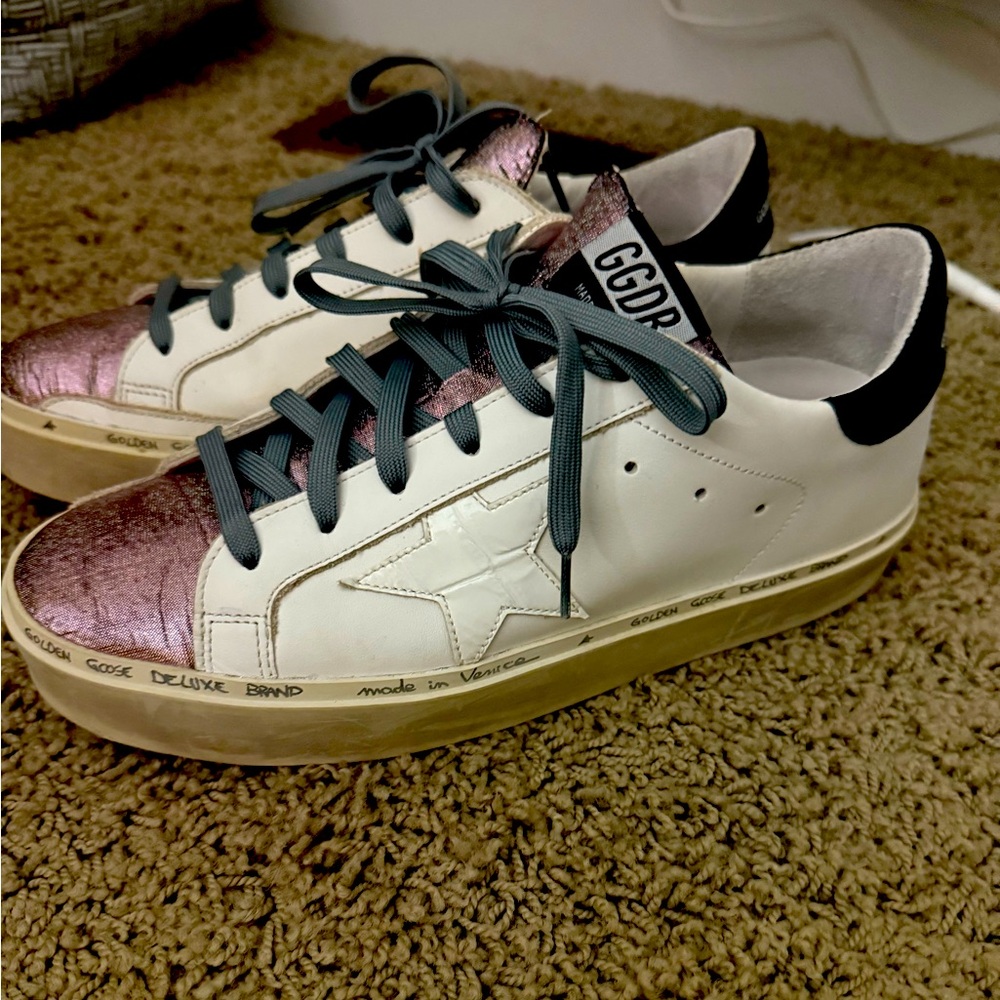 Golden Goose White and Metallic Pink Sneakers